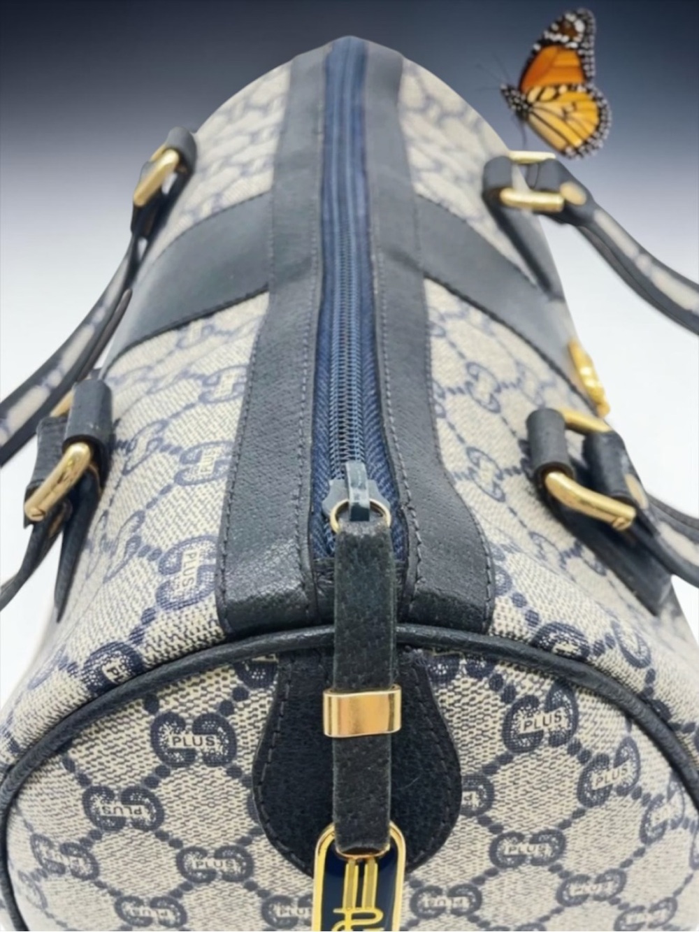 Vintage Gucci Plus GG Monogram Boston Bag - Rare Navy Blue/Black Coated Canvas - Picture 5 of 15